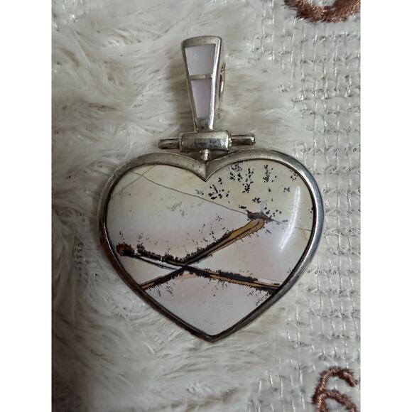 None Jewelry - .925  Picture Jasper and Mother of Pearl Heart Pendant “Big Kiss” (X) Bail Opens